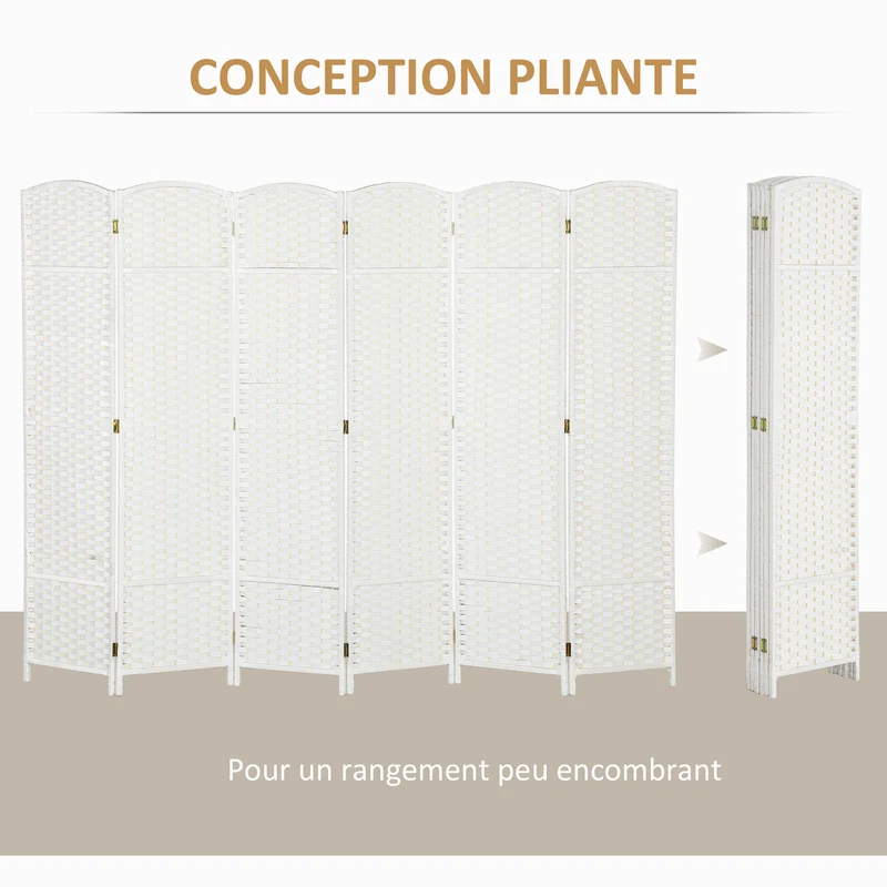 Paravent intérieur 6 panneaux séparation d'espace 240 x 1.6 x 170 cm pliable et léger scandinave contemporain en PP blanc 21_0001328