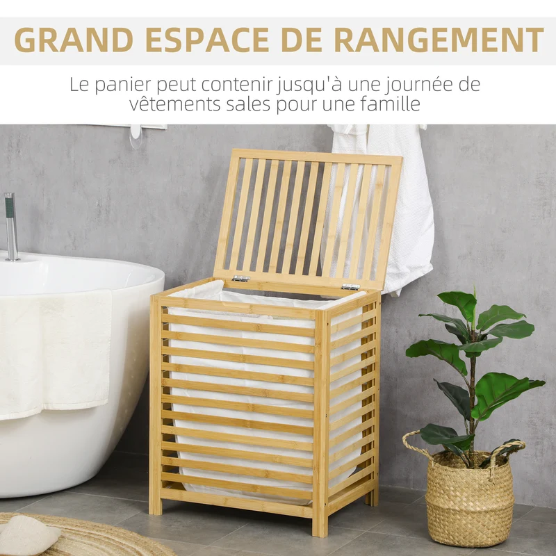 Panier à linge rond salle de bain 50 x 36 x 60 cm sac amovible ventilation anti moisissure scandinave en bambou naturel 21_0005839