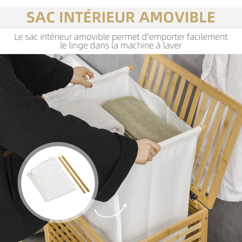 Panier à linge rond salle de bain 50 x 36 x 60 cm sac amovible ventilation anti moisissure scandinave en bambou naturel 21_0005839