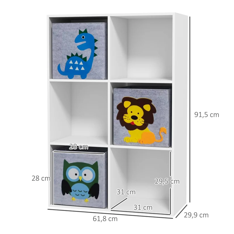 Meuble étagère 6 cases enfant 61,8 x 29,9 x 91,5 cm rangement antidérapant 3 paniers imprimés scandinave en MDF blanc 21_0000154