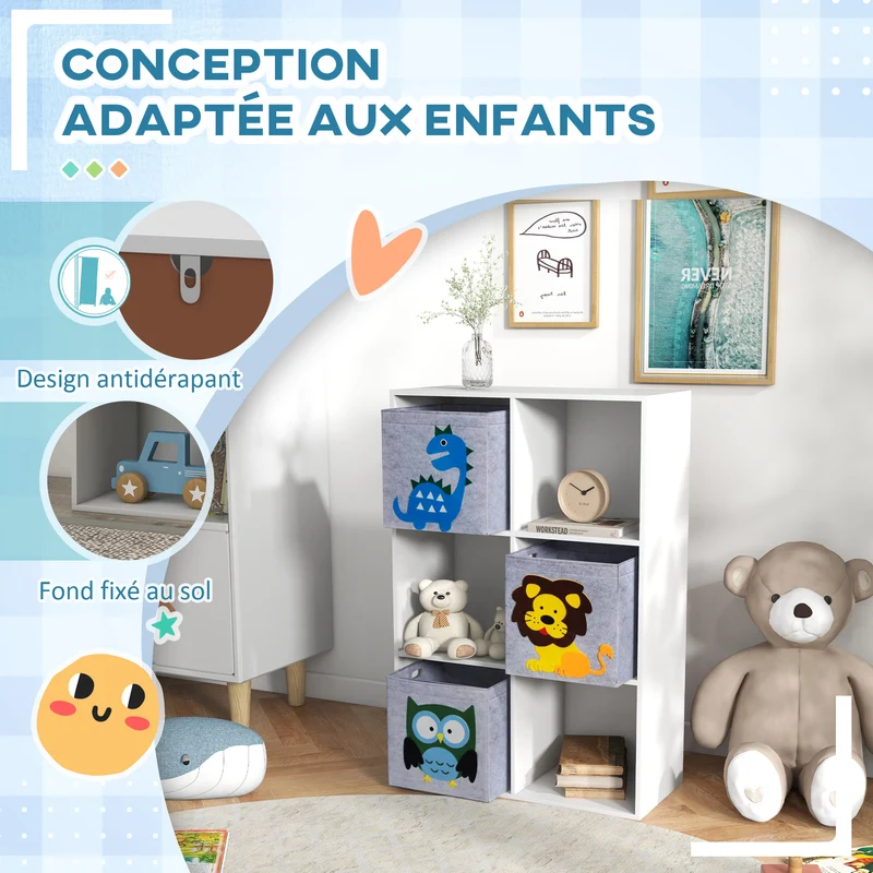 Meuble étagère 6 cases enfant 61,8 x 29,9 x 91,5 cm rangement antidérapant 3 paniers imprimés scandinave en MDF blanc 21_0000154