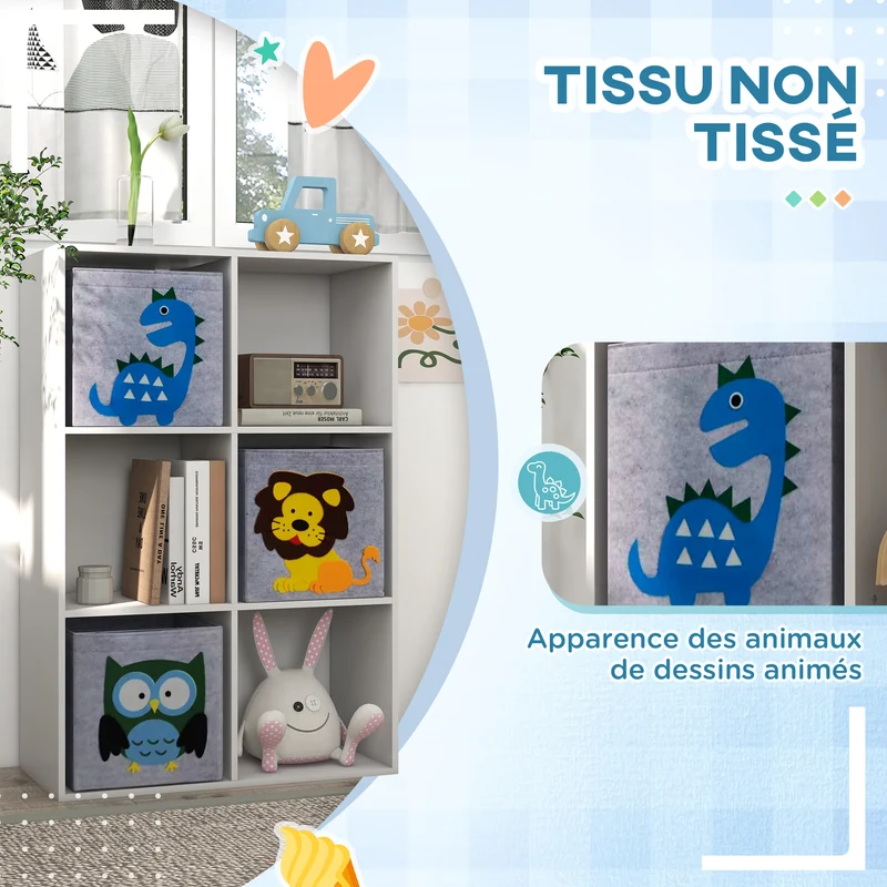 Meuble étagère 6 cases enfant 61,8 x 29,9 x 91,5 cm rangement antidérapant 3 paniers imprimés scandinave en MDF blanc 21_0000154