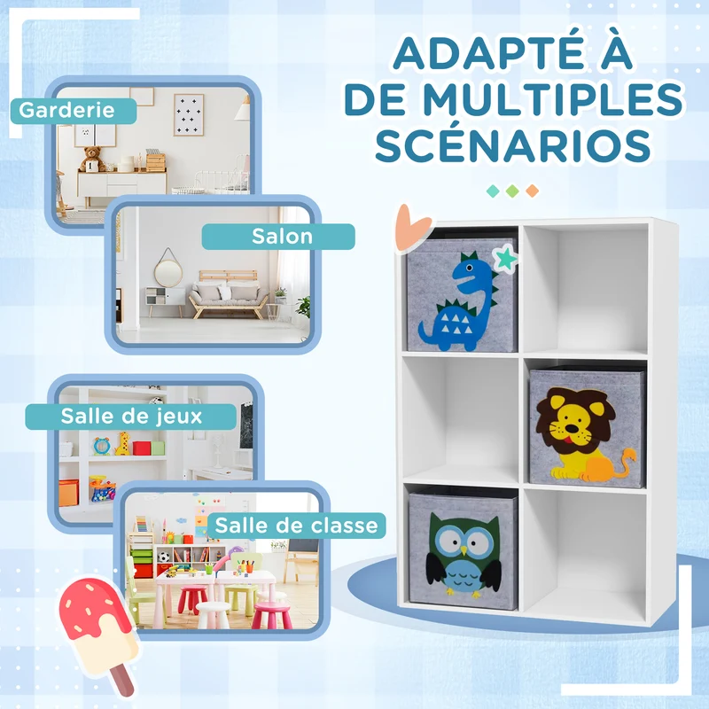 Meuble étagère 6 cases enfant 61,8 x 29,9 x 91,5 cm rangement antidérapant 3 paniers imprimés scandinave en MDF blanc 21_0000154
