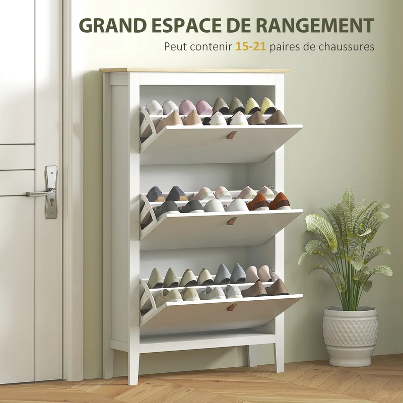 Meuble à chaussures entrée 80 x 24 x 131 cm 3 tiroirs 21 paires gain de place moderne en panneau de particules blanc 21_0002746