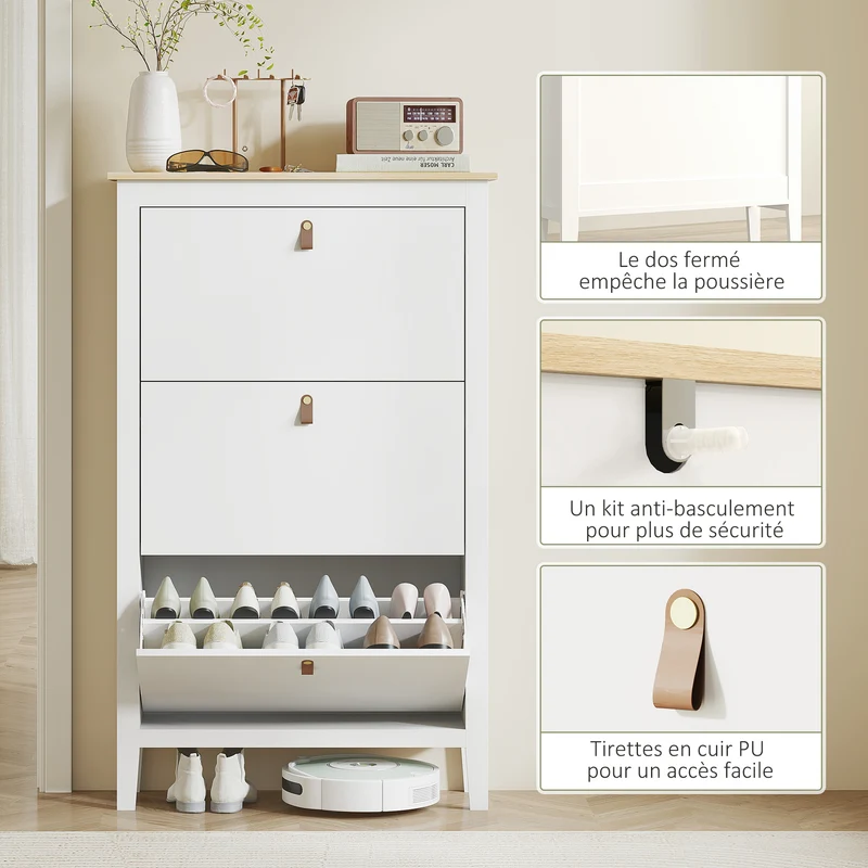 Meuble à chaussures entrée 80 x 24 x 131 cm 3 tiroirs 21 paires gain de place moderne en panneau de particules blanc 21_0002746