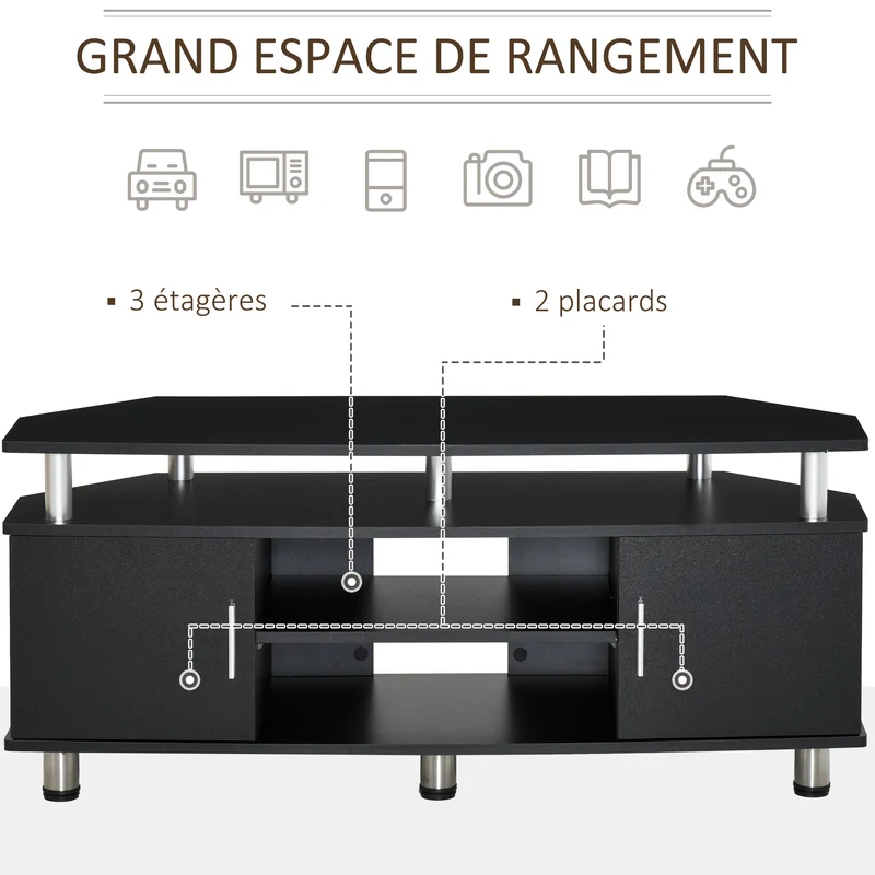 Meuble tv banc télé 120 x 39,5 x 52 cm rangement portes étagère design contemporain salon en panneaux de particules noir 21_0001708