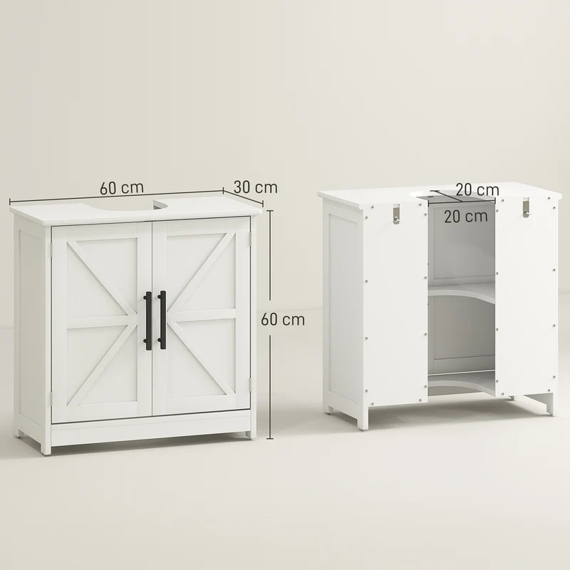Meuble sous lavabo salle de bain 60 x 30 x 60 cm rangement modulable étagères réglable portes rustiques en MDF blanc 21_0002058