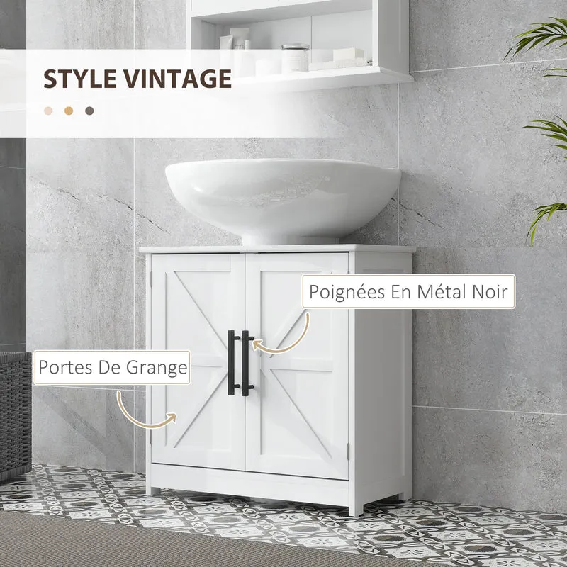 Meuble sous lavabo salle de bain 60 x 30 x 60 cm rangement modulable étagères réglable portes rustiques en MDF blanc 21_0002058
