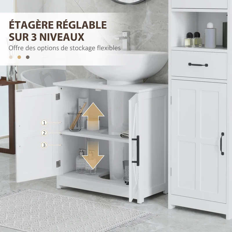 Meuble sous lavabo salle de bain 60 x 30 x 60 cm rangement modulable étagères réglable portes rustiques en MDF blanc 21_0002058