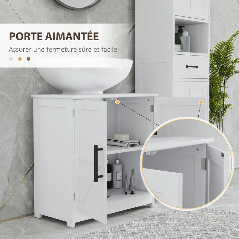 Meuble sous lavabo salle de bain 60 x 30 x 60 cm rangement modulable étagères réglable portes rustiques en MDF blanc 21_0002058