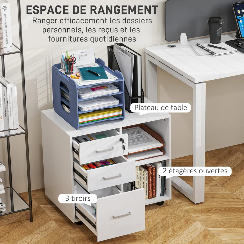 Meuble pour imprimante 60 x 40 x 56 cm tiroir sécurisé mobilité freins style moderne en panneau de particules blanc 21_0002956