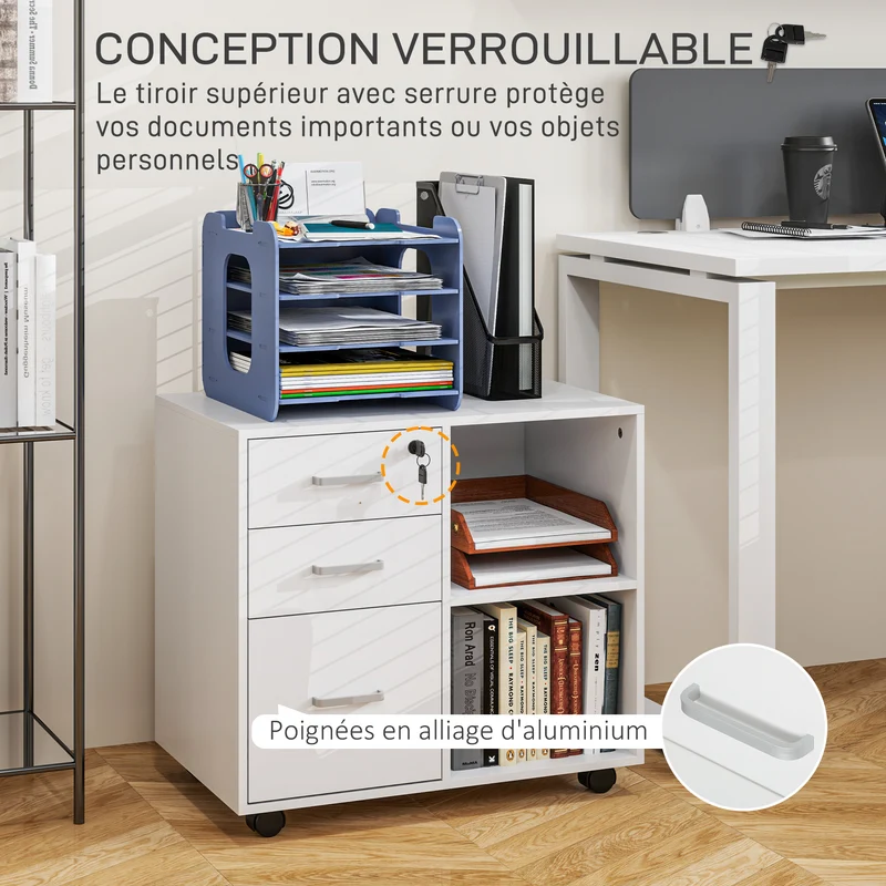 Meuble pour imprimante 60 x 40 x 56 cm tiroir sécurisé mobilité freins style moderne en panneau de particules blanc 21_0002956