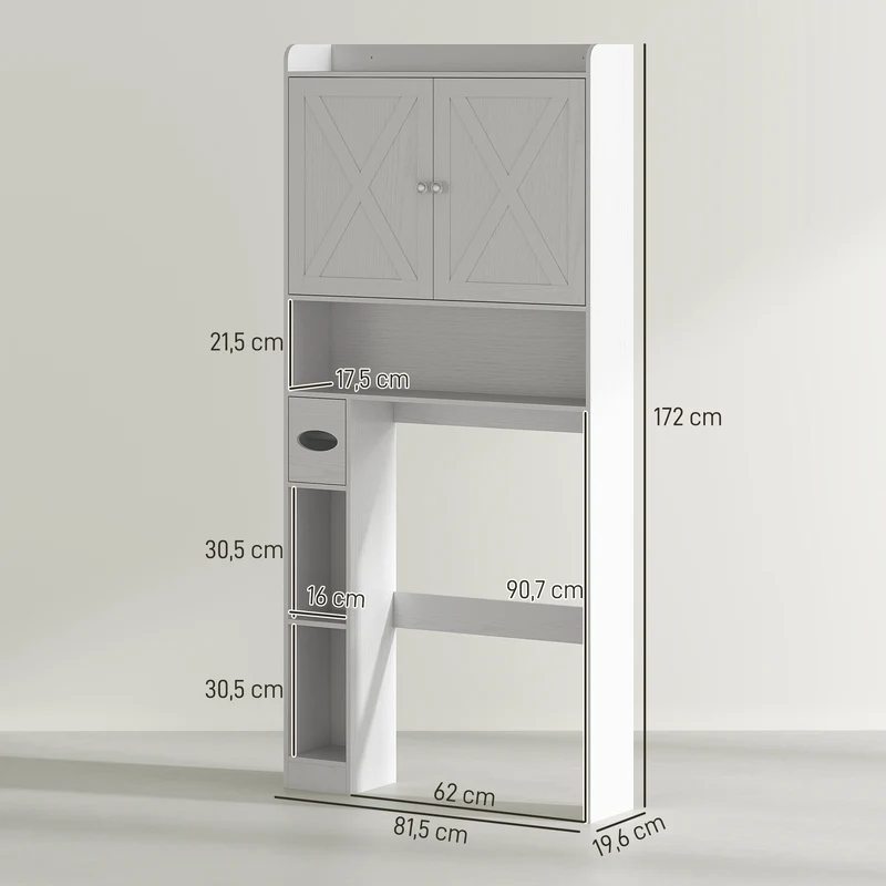 Meuble dessus toilettes portes en x étagère réglable 81.5 x 19.6 x 172 cm style rustique en panneau de particules blanc 21_0002071