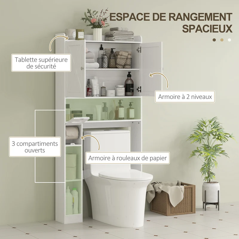 Meuble dessus toilettes portes en x étagère réglable 81.5 x 19.6 x 172 cm style rustique en panneau de particules blanc 21_0002071