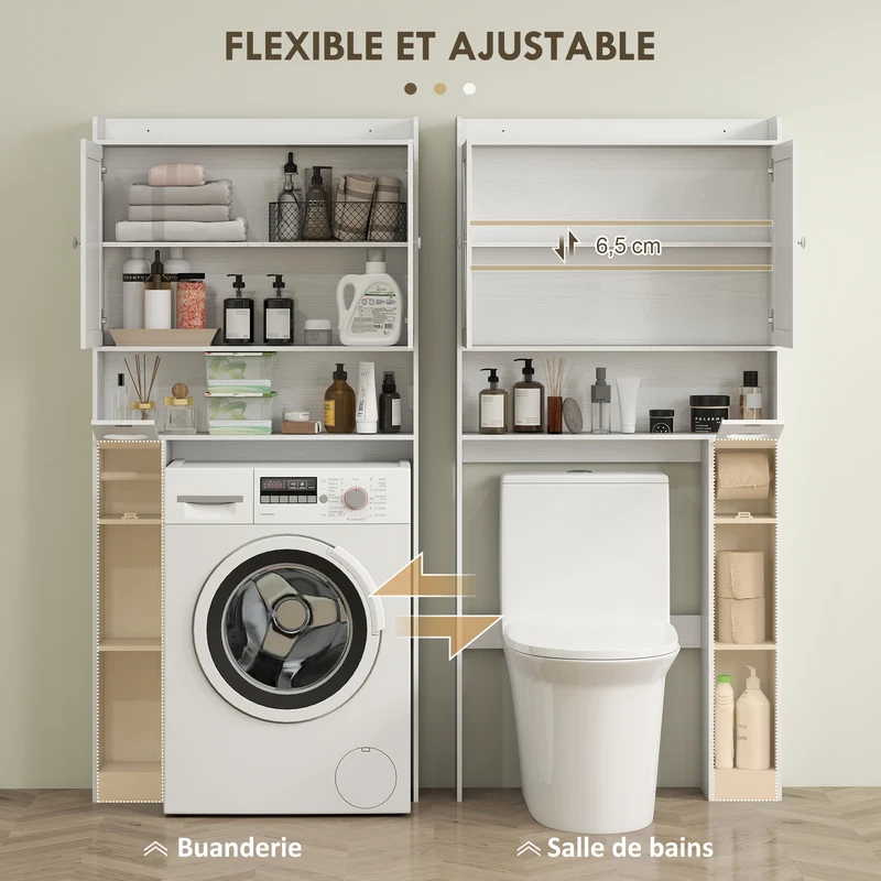 Meuble dessus toilettes portes en x étagère réglable 81.5 x 19.6 x 172 cm style rustique en panneau de particules blanc 21_0002071