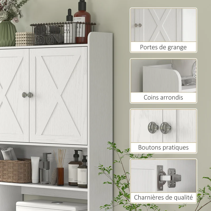 Meuble dessus toilettes portes en x étagère réglable 81.5 x 19.6 x 172 cm style rustique en panneau de particules blanc 21_0002071