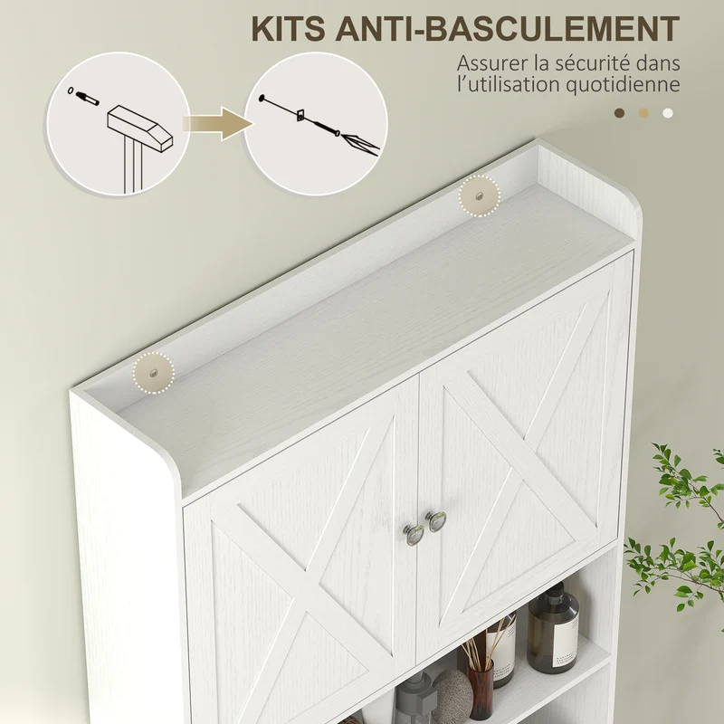 Meuble dessus toilettes portes en x étagère réglable 81.5 x 19.6 x 172 cm style rustique en panneau de particules blanc 21_0002071