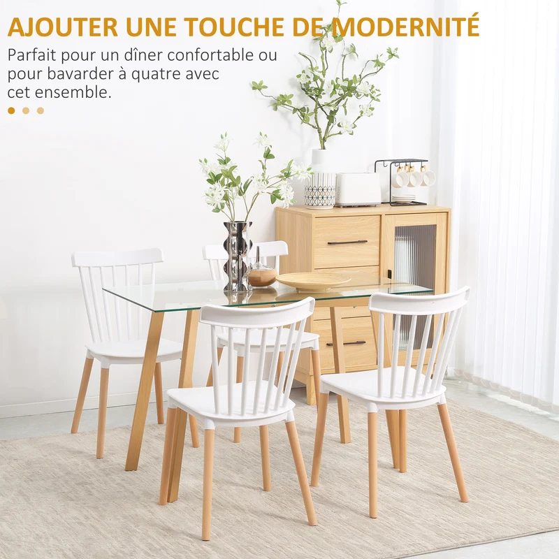 Lot de 4 chaises salle à manger dossier à lattes 48 x 53 x 83 cm assise ergonomique scandinave minimaliste en PP blanc 21_0002312