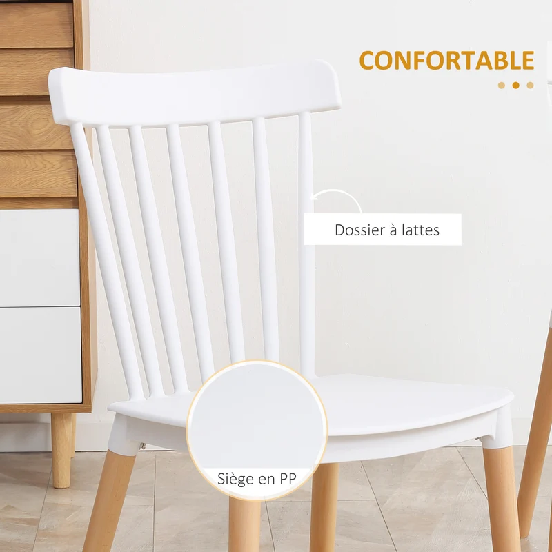 Lot de 4 chaises salle à manger dossier à lattes 48 x 53 x 83 cm assise ergonomique scandinave minimaliste en PP blanc 21_0002312