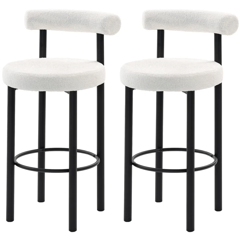 Lot de 2 tabourets de bar dossier incurvé 50 x 52.5 x 98 cm assise rembourrée scandinave en tissu bouclette blanc 21_0003382