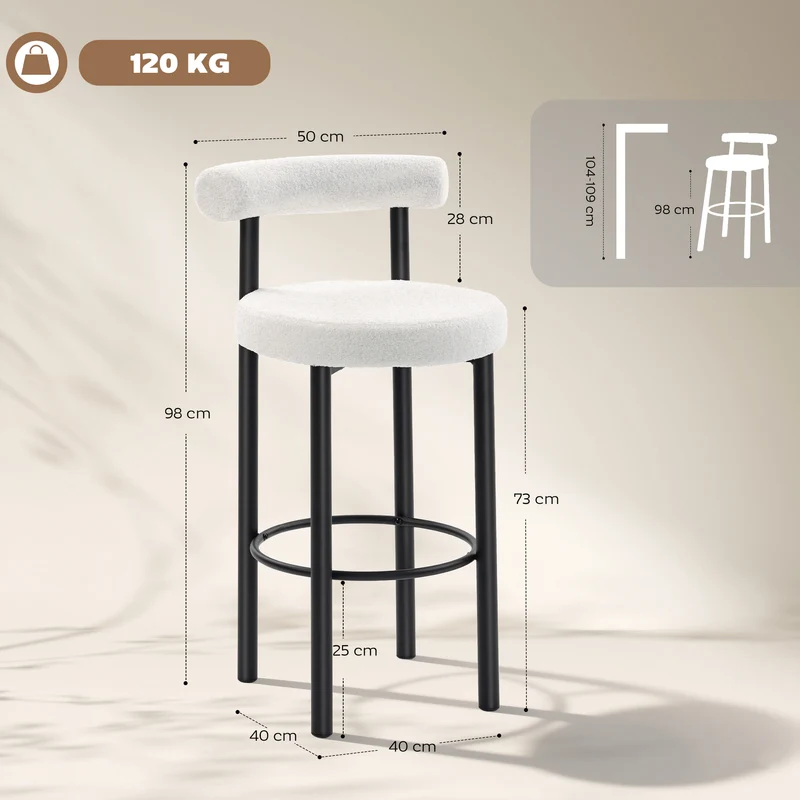 Lot de 2 tabourets de bar dossier incurvé 50 x 52.5 x 98 cm assise rembourrée scandinave en tissu bouclette blanc 21_0003382