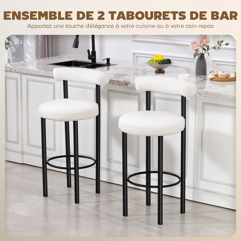 Lot de 2 tabourets de bar dossier incurvé 50 x 52.5 x 98 cm assise rembourrée scandinave en tissu bouclette blanc 21_0003382