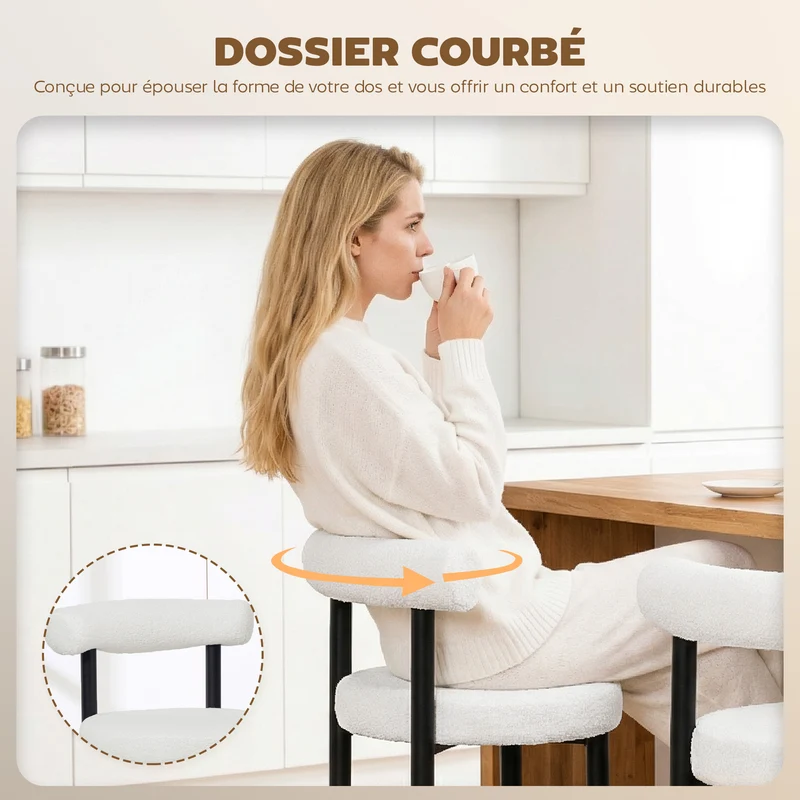 Lot de 2 tabourets de bar dossier incurvé 50 x 52.5 x 98 cm assise rembourrée scandinave en tissu bouclette blanc 21_0003382
