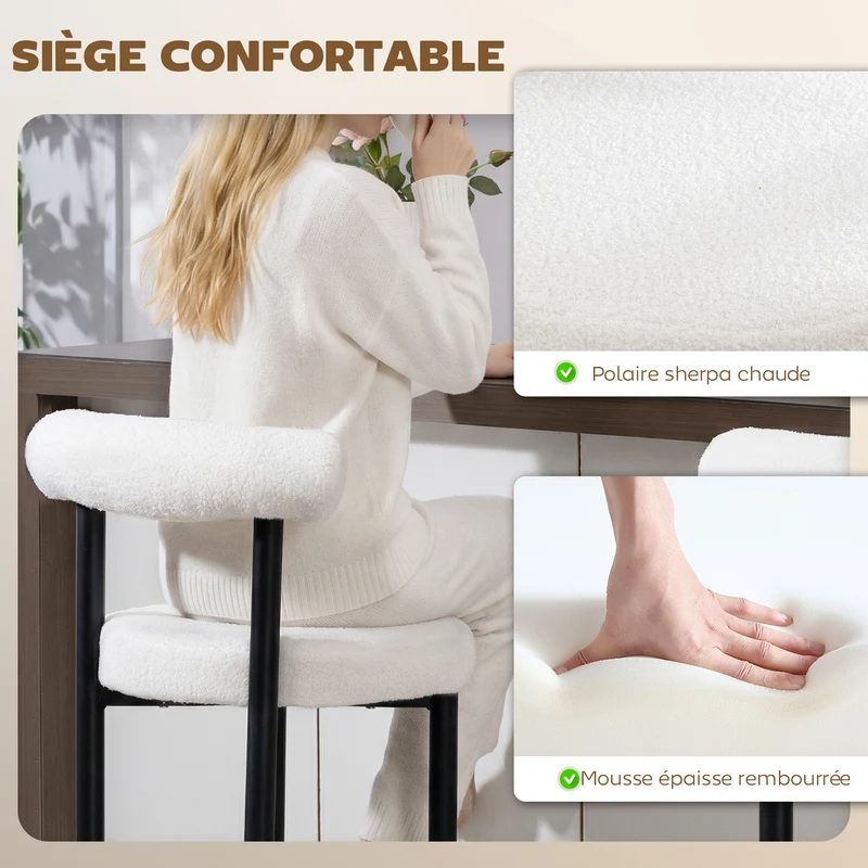 Lot de 2 tabourets de bar dossier incurvé 50 x 52.5 x 98 cm assise rembourrée scandinave en tissu bouclette blanc 21_0003382