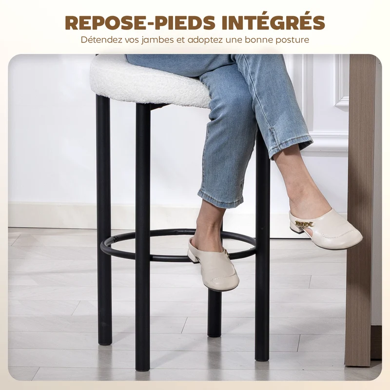 Lot de 2 tabourets de bar dossier incurvé 50 x 52.5 x 98 cm assise rembourrée scandinave en tissu bouclette blanc 21_0003382