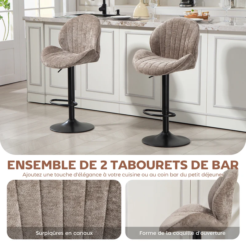Lot de 2 tabourets de bar coquille 48 x 50 x 94-115 cm réglables pivotants scandinave contemporain en polyester marron 21_0003284