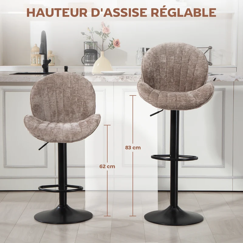 Lot de 2 tabourets de bar coquille 48 x 50 x 94-115 cm réglables pivotants scandinave contemporain en polyester marron 21_0003284