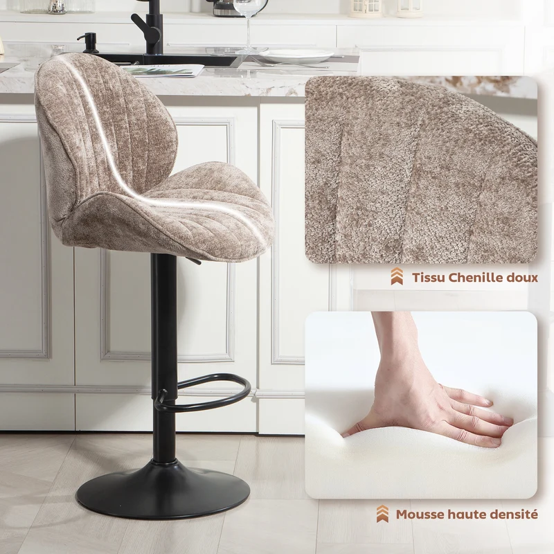 Lot de 2 tabourets de bar coquille 48 x 50 x 94-115 cm réglables pivotants scandinave contemporain en polyester marron 21_0003284