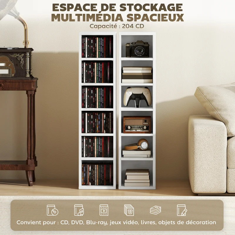 Lot de 2 colonnes étagères rangement cd 21 x 22.5 x 88.5 cm capacité 204 moderne épuré en panneaux de particules blanc 21_0001807