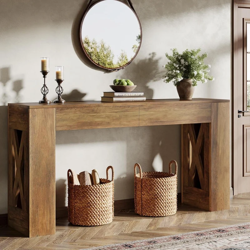 Tribesigns Console de style maison de campagne de 160 cm, Table d'entrée étroite avec 2 tiroirs et pieds en X
