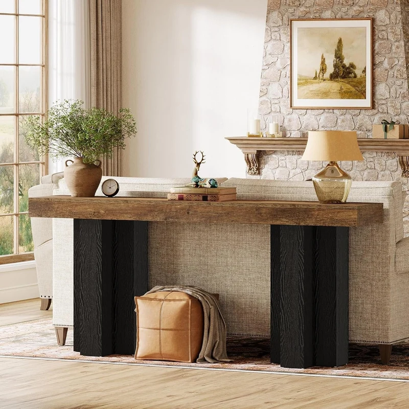 Tribesigns Console de style maison de campagne de 160 cm, Table d'entrée marron avec pieds robustes pour le salon et l'entrée