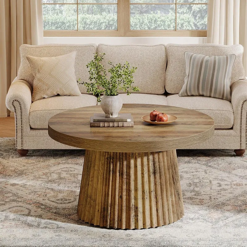 Tribesigns Table basse ronde 80 cm, Table centrale circulaire moderne avec base en tambour cannelé et finition grain de bois