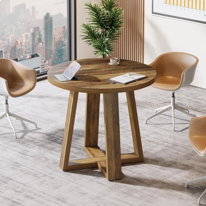 Tribesigns Table de conférence ronde de 80 cm, Bureau de style maison de campagne pour 2 à 4 personnes