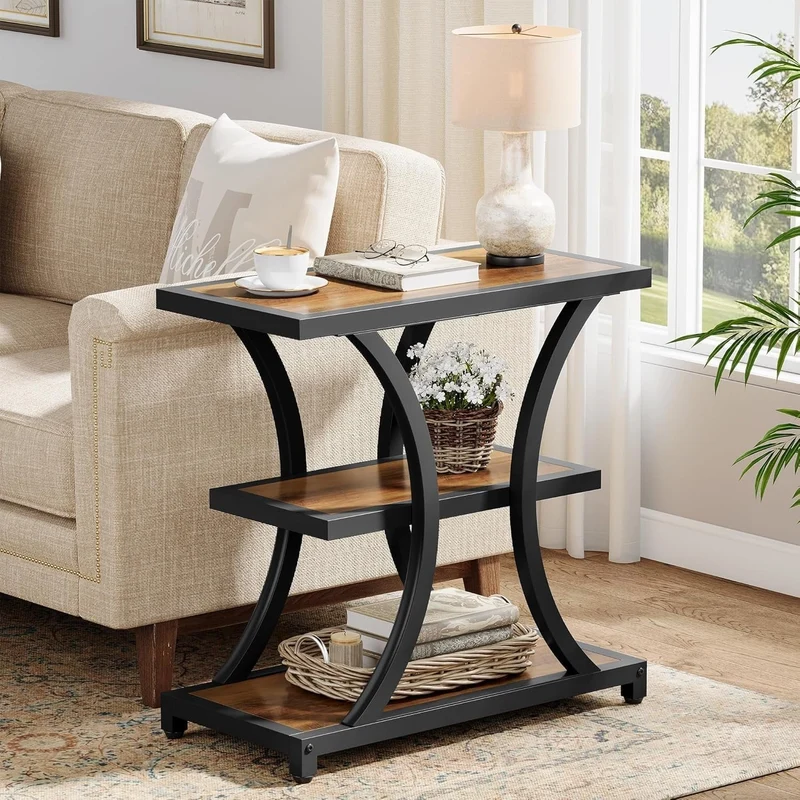 Tribesigns Table d'appoint avec espace de rangement, Table d'appoint à 3 niveaux avec design géométrique en métal