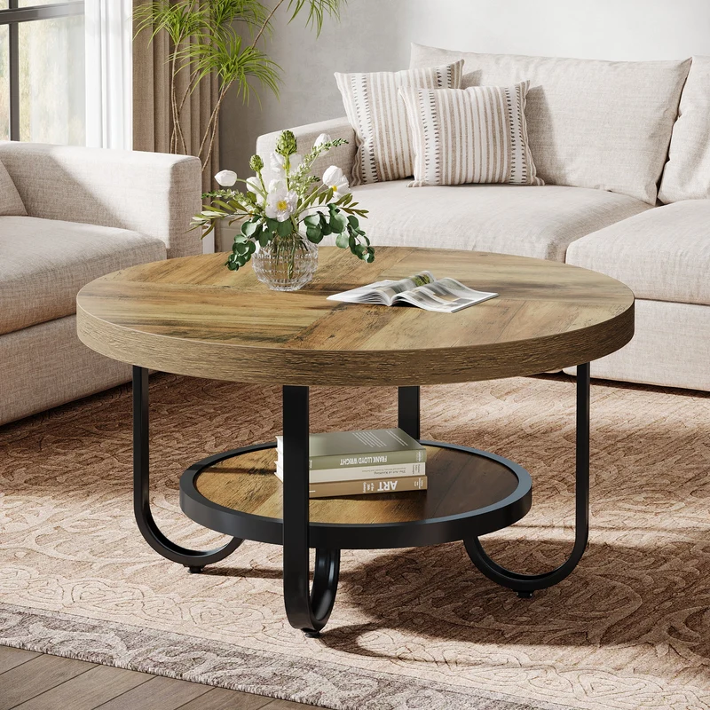 Table basse Tribesigns à deux niveaux, Table centrale de 79 cm avec étagère de rangement
