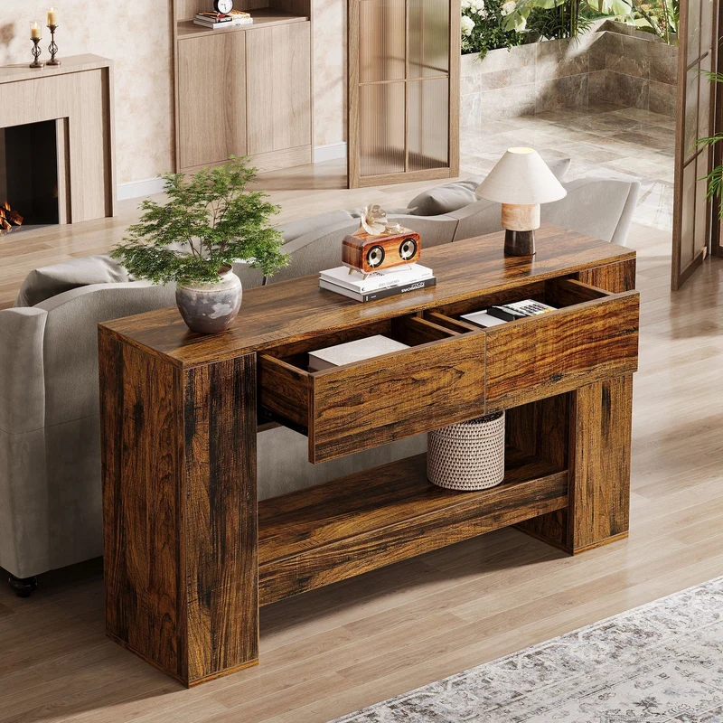 Tribesigns Console 140 cm, Table basse en bois à 2 niveaux avec 2 tiroirs