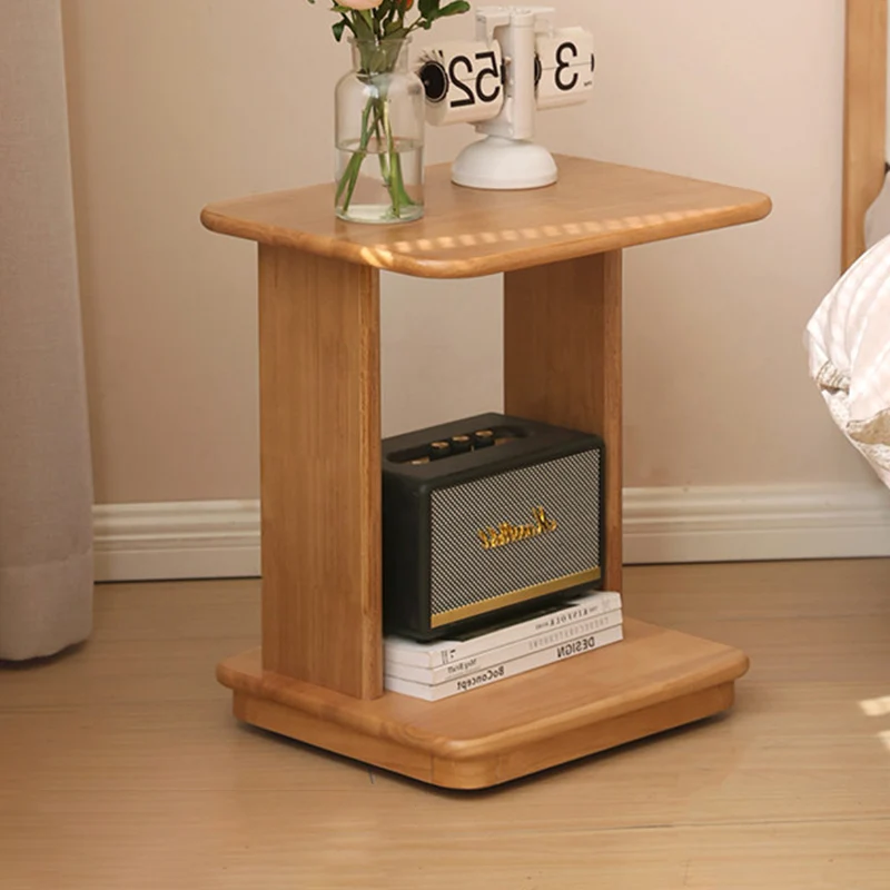Traditional Japanese Rubberwood Rectangular Movable End Table 2-Tier For Living Room & Bedroom