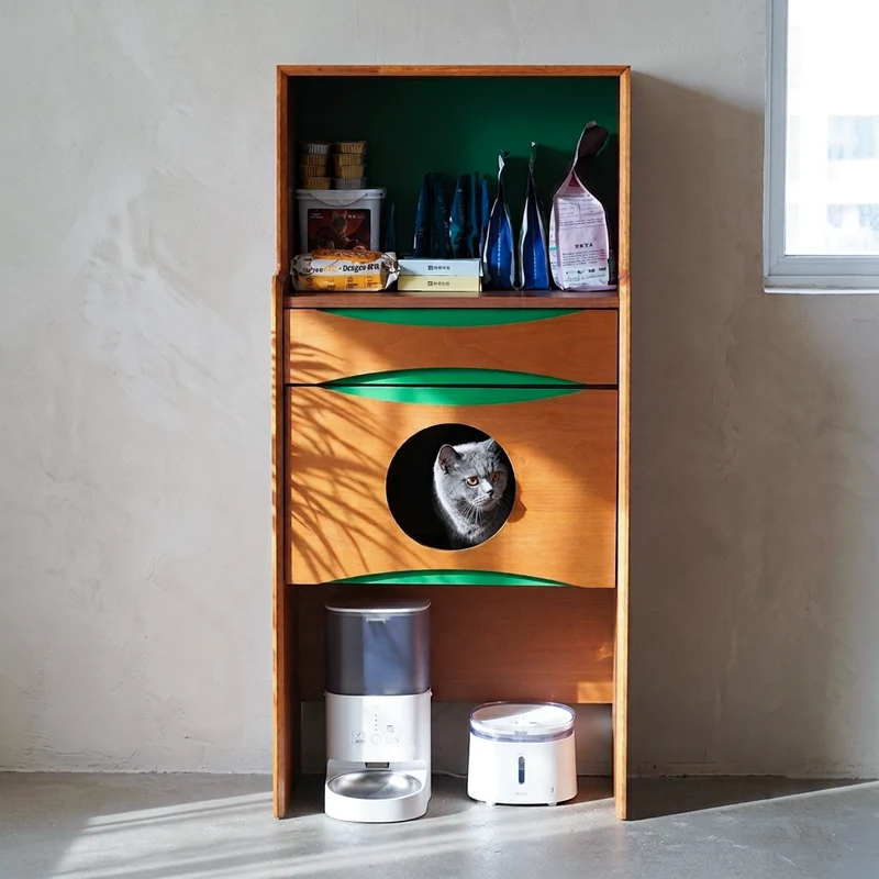 Contemporary Retro Wooden Cat Cabinet - Multifunctional Pet Furniture With Storage Drawer & Cat House For Living Room