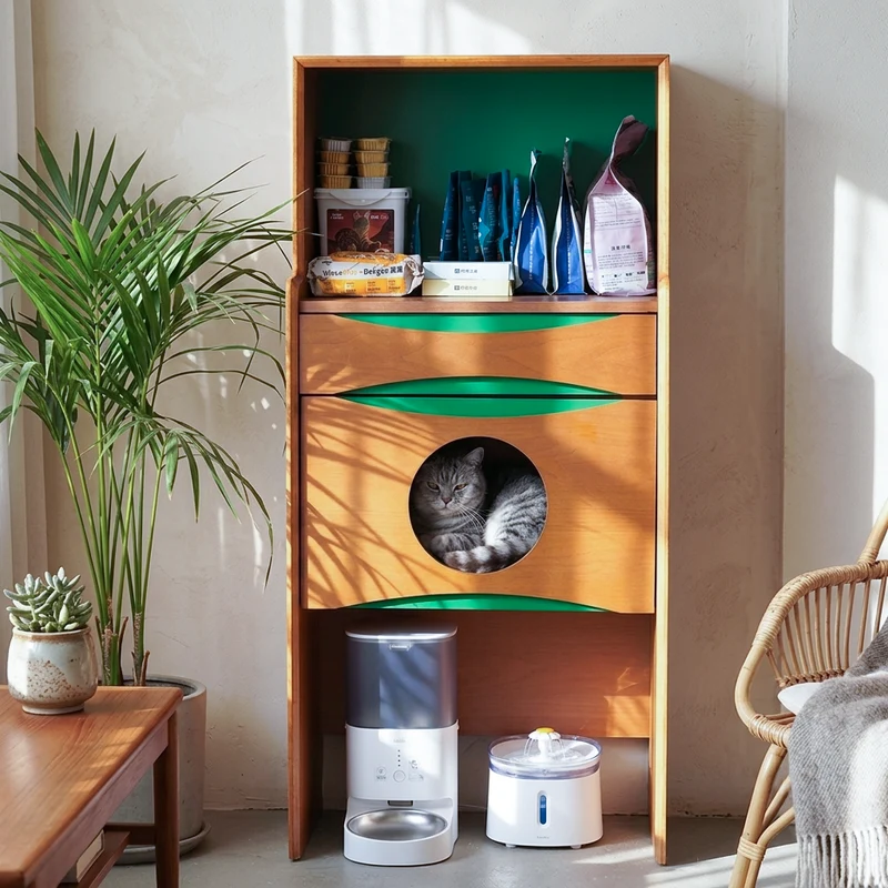 Contemporary Retro Wooden Cat Cabinet - Multifunctional Pet Furniture With Storage Drawer & Cat House For Living Room