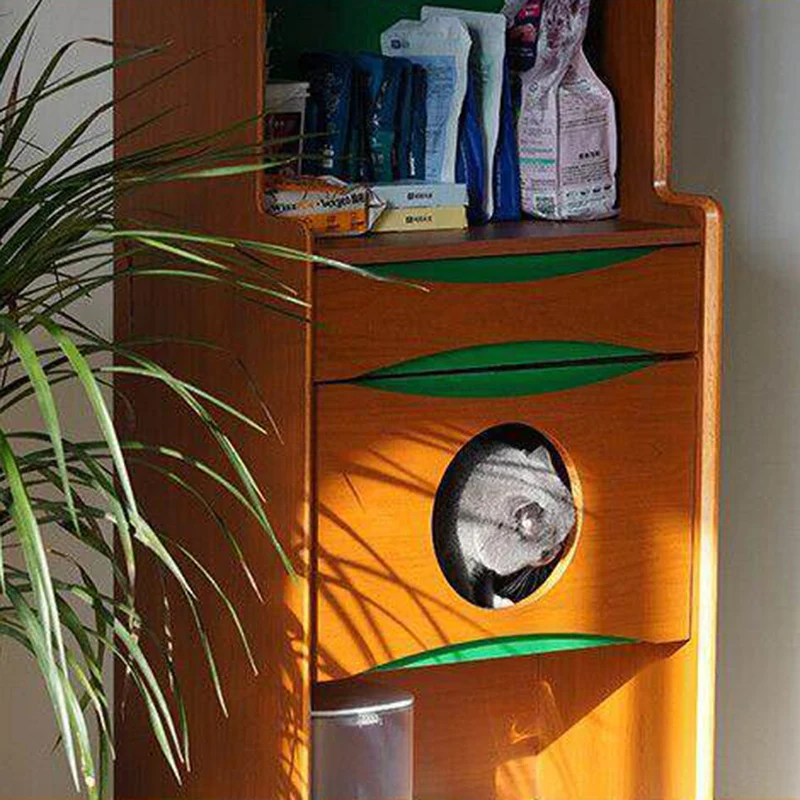 Contemporary Retro Wooden Cat Cabinet - Multifunctional Pet Furniture With Storage Drawer & Cat House For Living Room