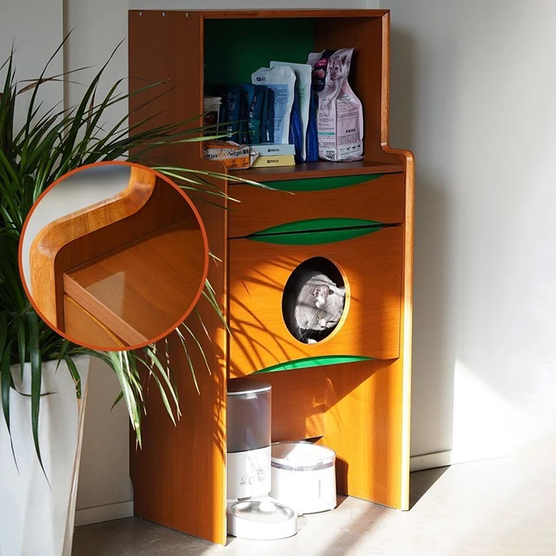 Contemporary Retro Wooden Cat Cabinet - Multifunctional Pet Furniture With Storage Drawer & Cat House For Living Room