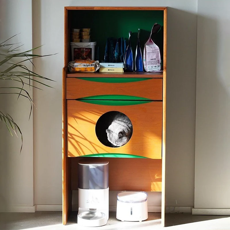 Contemporary Retro Wooden Cat Cabinet - Multifunctional Pet Furniture With Storage Drawer & Cat House For Living Room