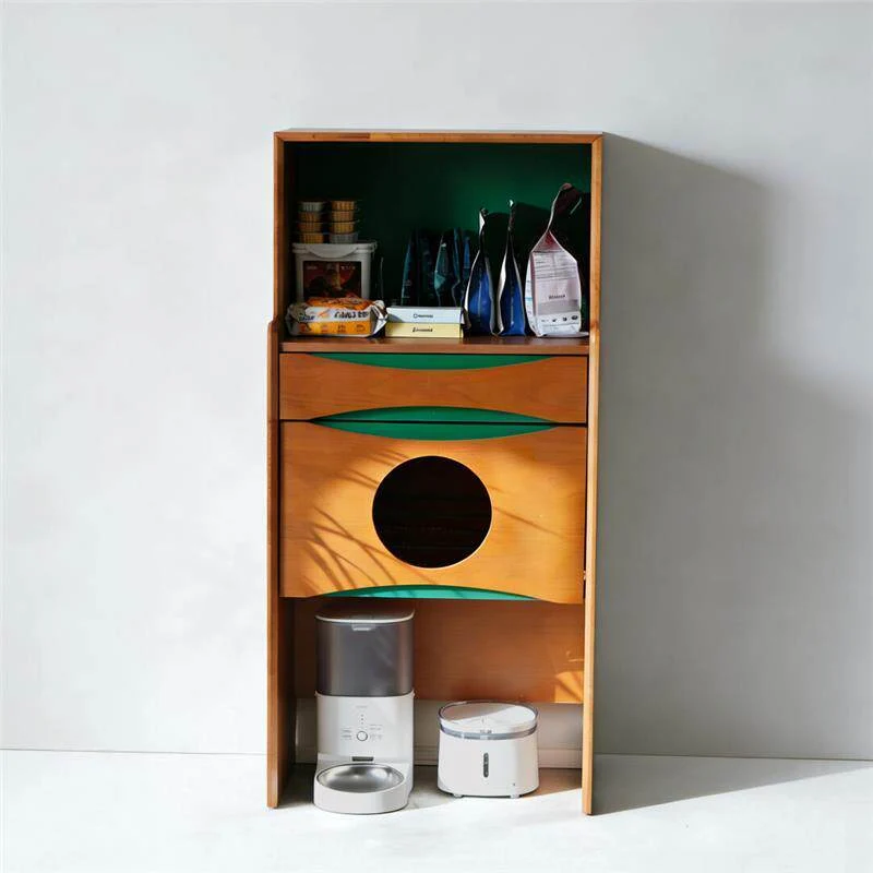 Contemporary Retro Wooden Cat Cabinet - Multifunctional Pet Furniture With Storage Drawer & Cat House For Living Room