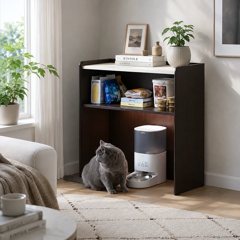 Contemporary Nordic Solid Wood & Plywood Cat Cabinet - Pet Feeding Station With Storage Drawers & Memo Board For Cats