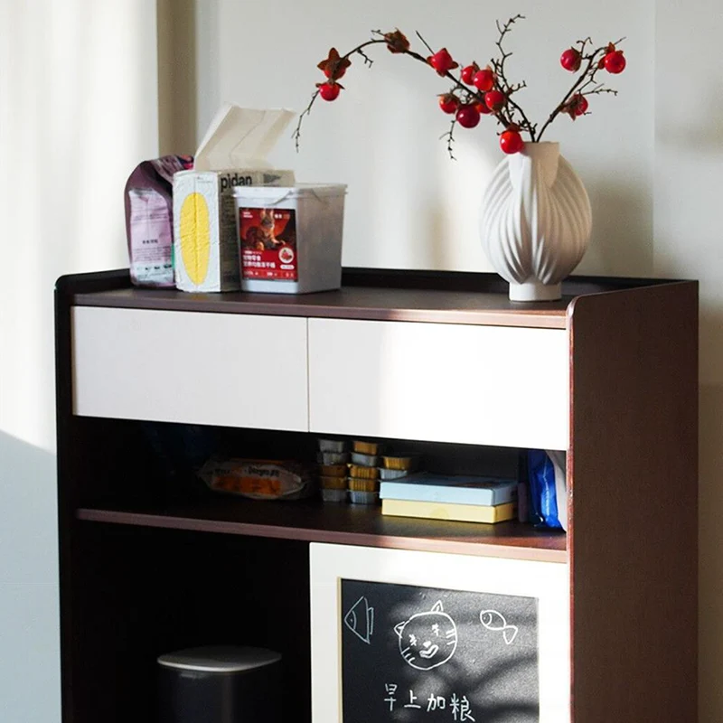 Contemporary Nordic Solid Wood & Plywood Cat Cabinet - Pet Feeding Station With Storage Drawers & Memo Board For Cats