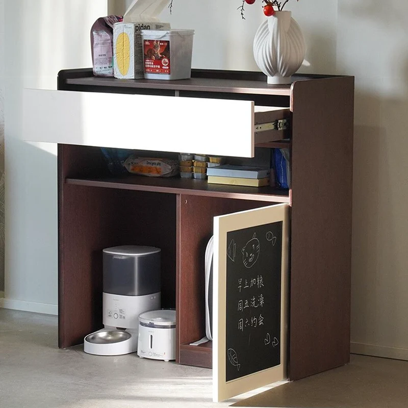Contemporary Nordic Solid Wood & Plywood Cat Cabinet - Pet Feeding Station With Storage Drawers & Memo Board For Cats